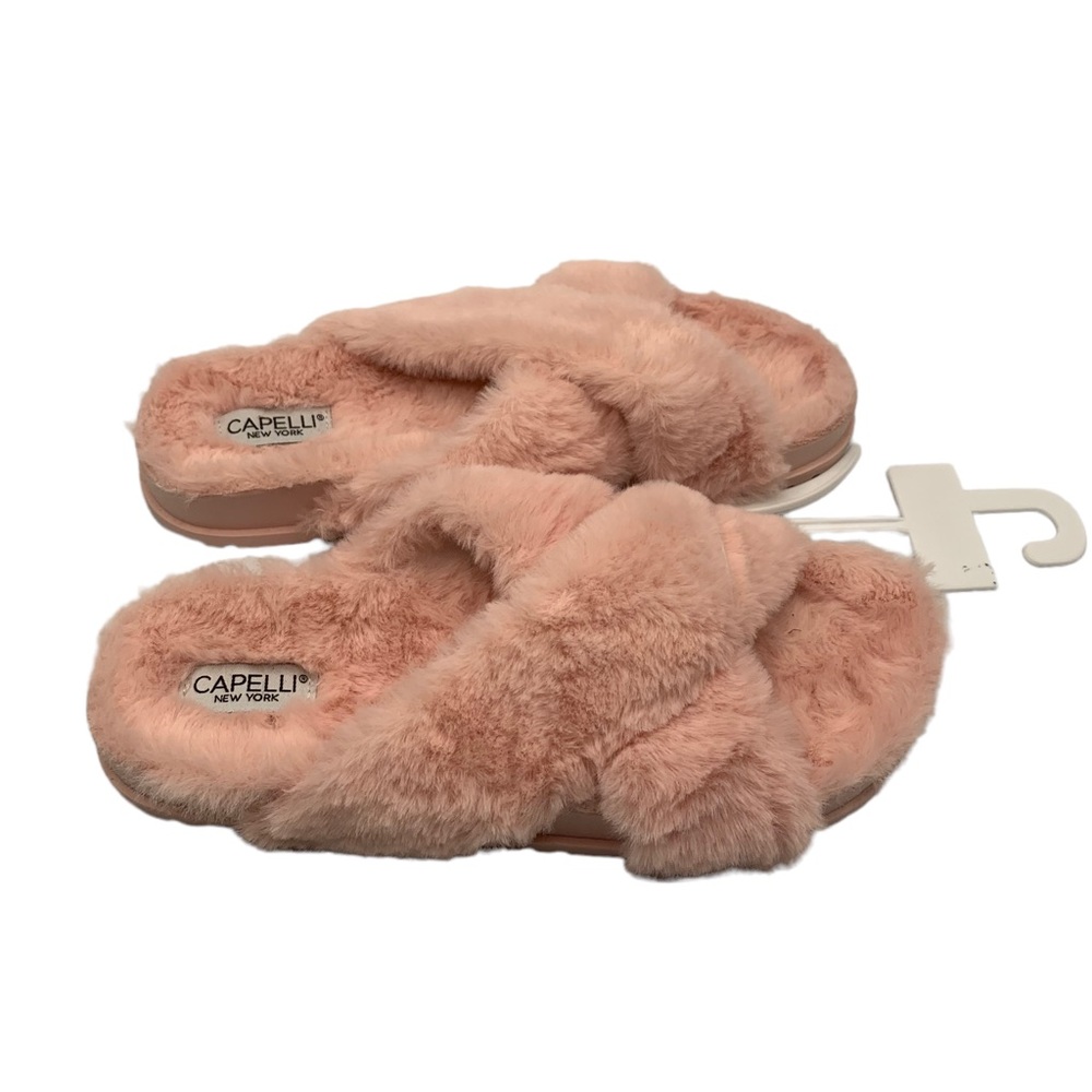 CAPELLI New York Pink Faux Fur Criss Cross Slippers NWT Women’s 8